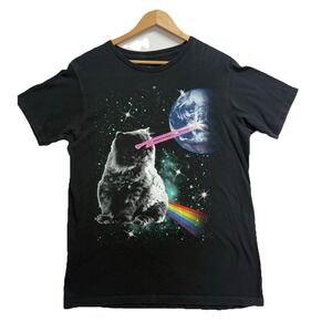 Walnut & 39th Men's L T-Shirt Black Graphic Laser Cat Space Rainbow Earth Tee